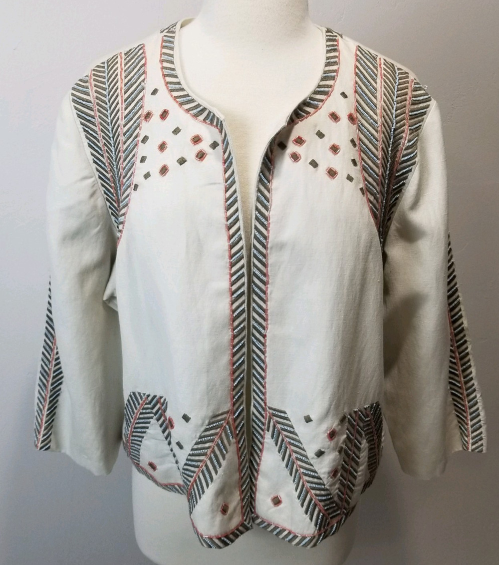 Chicos Jacket 3 16/18 XL Embellished Artisan Chino Linen Beaded Aztec Tribal NWT